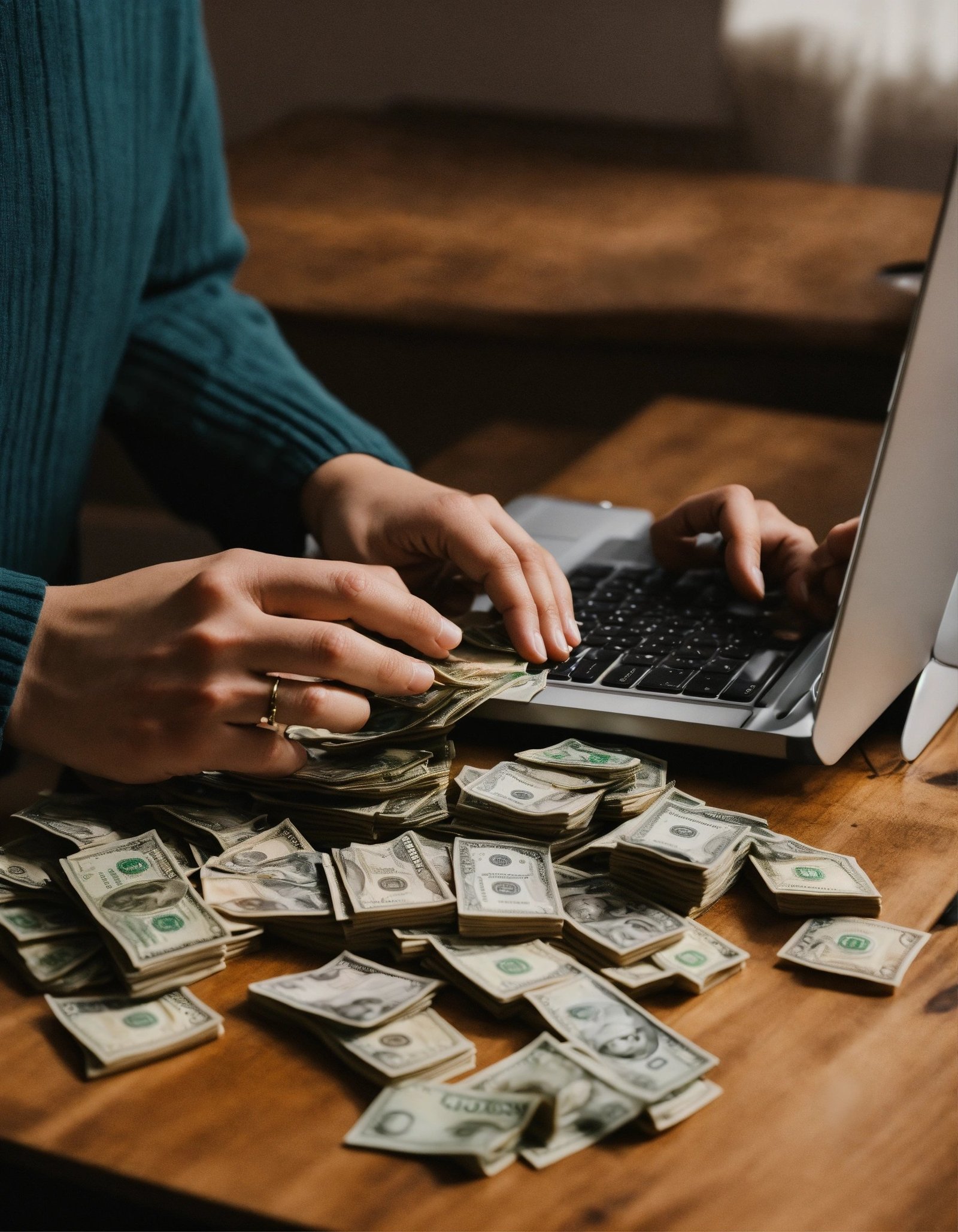 a person with computer counting money and happy an